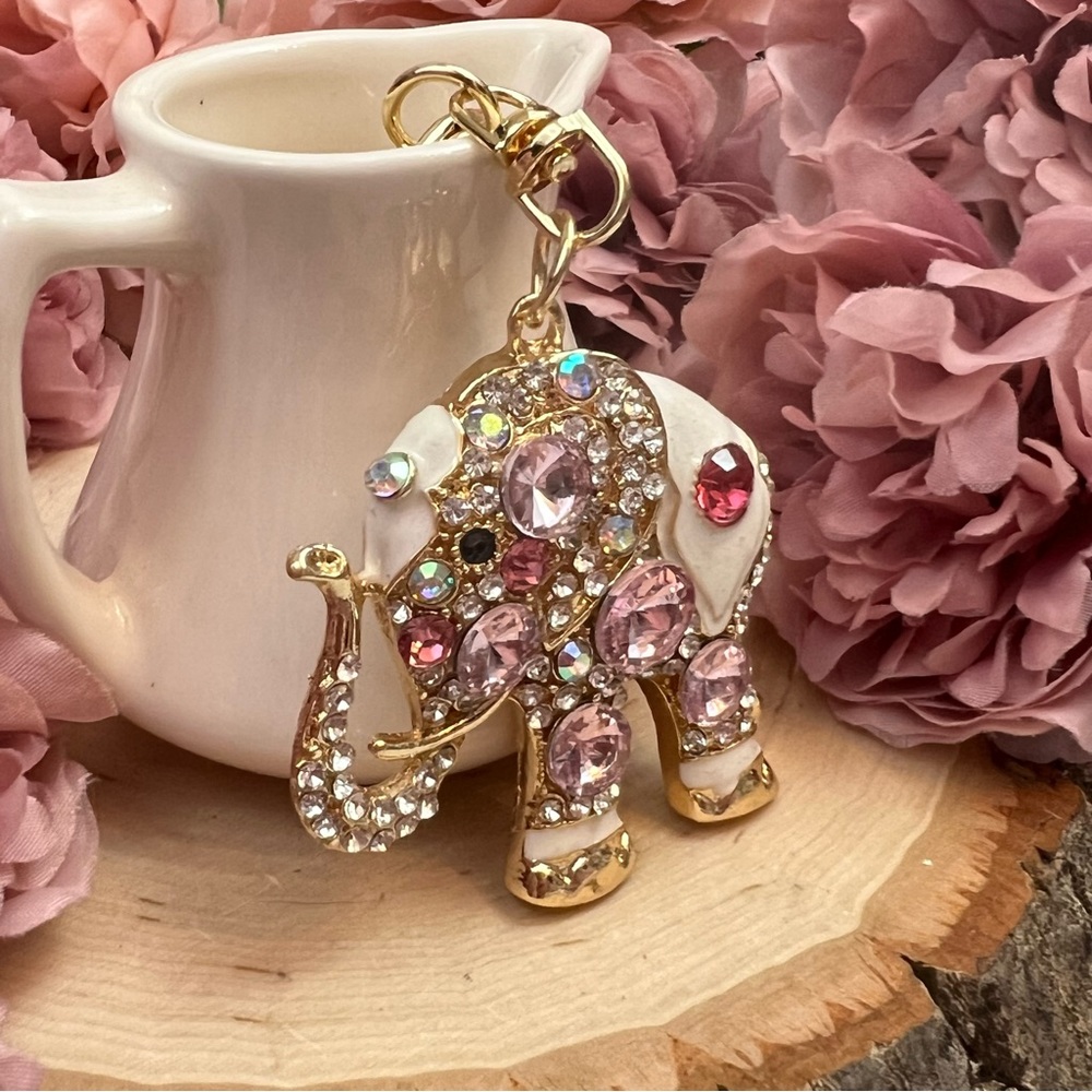 Gorgeous Ornate Pink Crystal Elephant Keychain Charm - Picture 4 of 15
